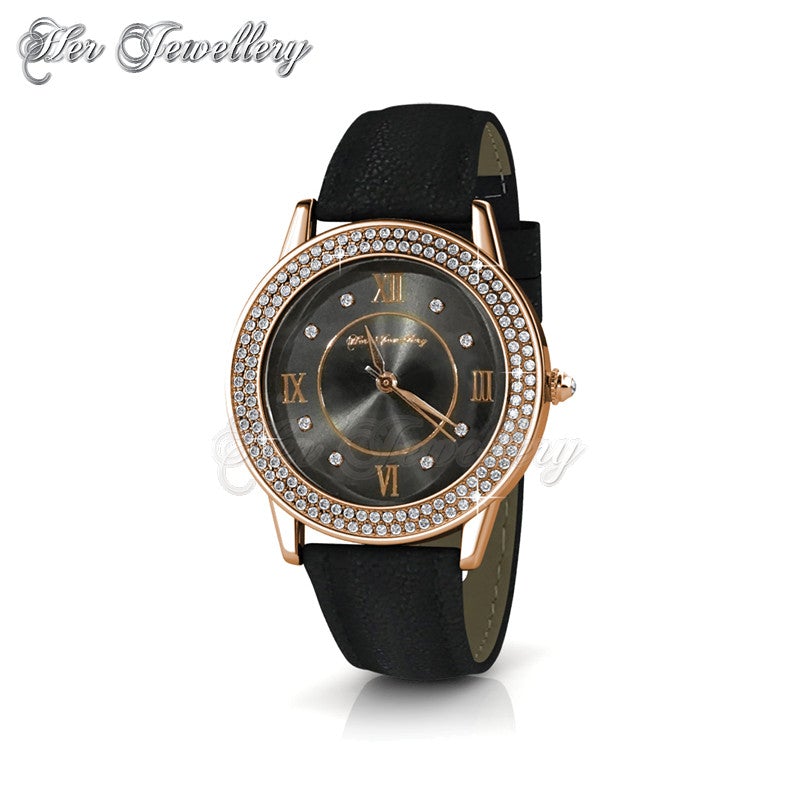 Swarovski Crystals Dawn Leather Watch (Black,Rose Gold) - Her Jewellery